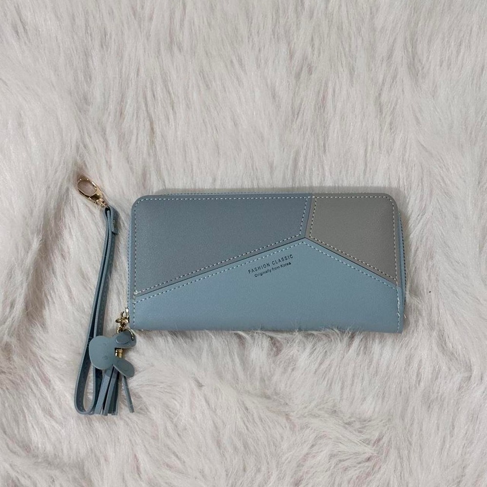 Dusty Blue Geometric Colorblock Zip-Around Wristlet Wallet